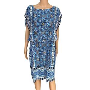 Chico's blue ornate medallion print blouson dress size 2/L NWT